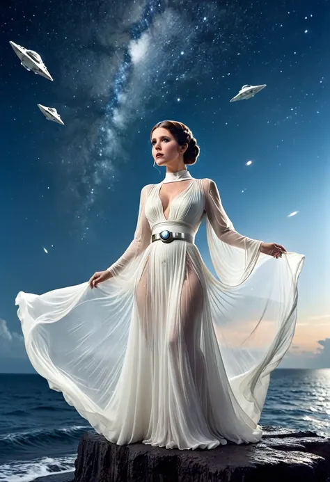 Princess Leia (age 25, airy sheer white elegant gown), camera low looking up at her butt and a starry sky, a few tiny space ships fly across the sky, lush ocean world
