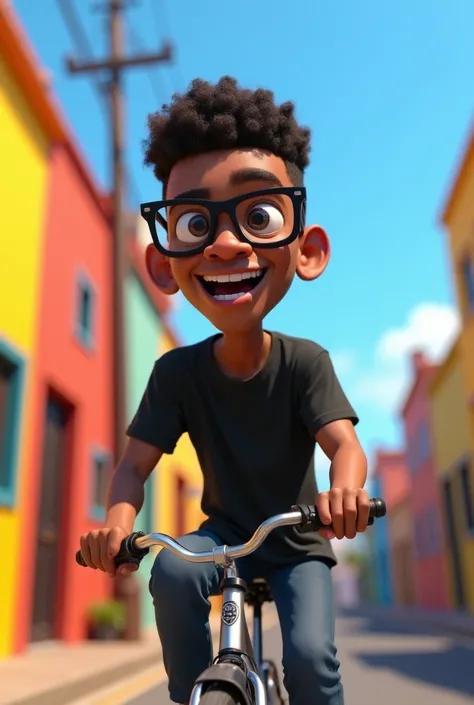 A 3D avatar style Disney Pixar black man with short curly hair square glasses with a black shirt and with a cell phone in his hand on a bicycle 