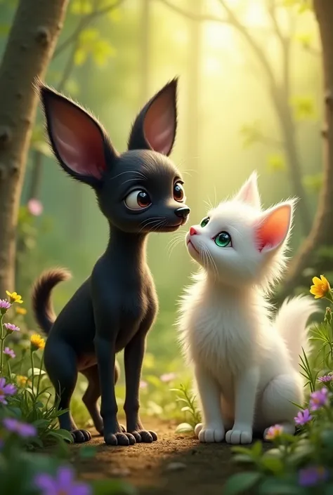 Cringe small black dog & small white cat in forest