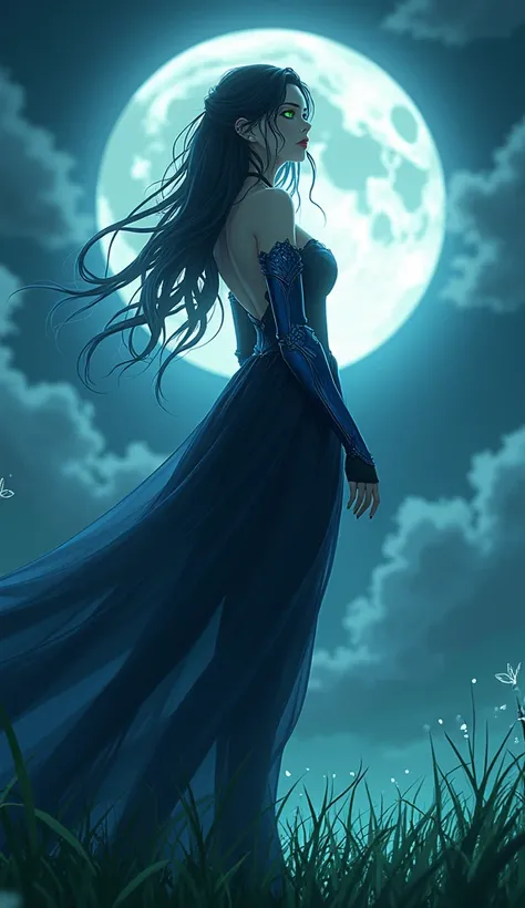 Anime style, a beautiful goddess of the night similar to Psylocke descends from the heavens to land on the green grass and the light of the full moon shines behind her, she wears a sensual dress with blue armor and her eyes shine with green light, Fantasy ...