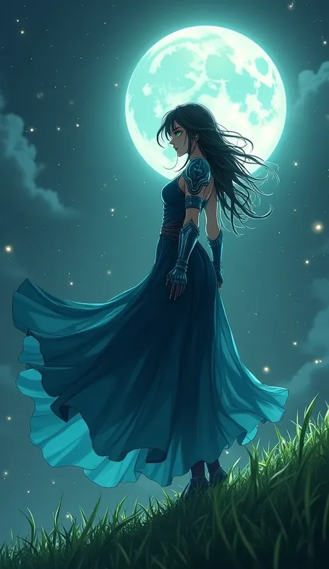 Anime style, a beautiful goddess of the night similar to Psylocke descends from the heavens to land on the green grass and the light of the full moon shines behind her, she wears a sensual dress with blue armor and her eyes shine with green light, Fantasy ...