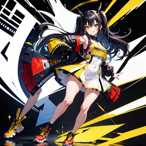 Masterpiece, best quality, ultra-detailed, anime style, full body of cyberpunk artist oni girl, sporty wear, long black hair and yellow eyes, held electric guitar, long horn and pale red skin, wearing hi-Tec shoes, dancing electricity and notes, 8k high re...