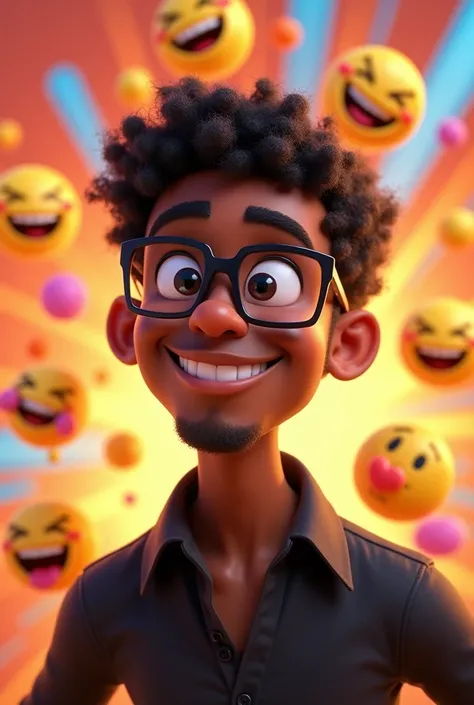 A 3D avatar style Disney Pixar black man with short curly hair square glasses with black shirt emoji style 