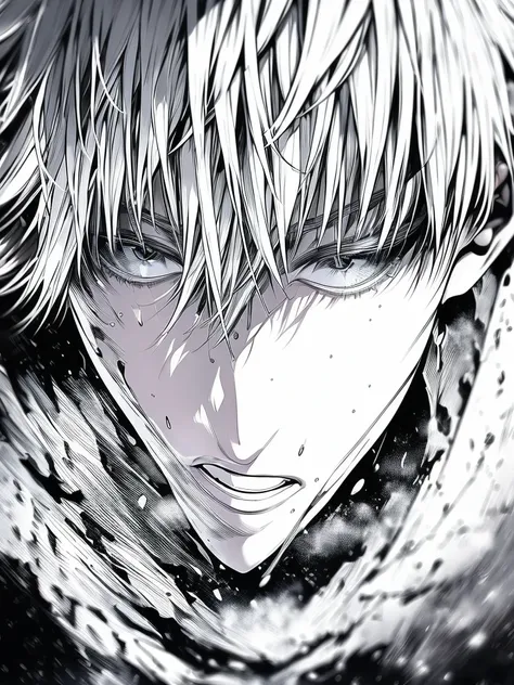 masterpiece, best quality, ultra detailed, sletch, monochrome, simple background, satoru gojo, jujutsu kaisen, solo, 1boy, face, looking at viewer, white hair, handsome