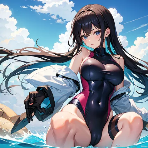 Anime girl wearing a swimsuit and more breasts and short swimsuit and in a position with bigger breasts