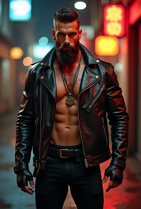 Frontal view of a muscular, bearded leather man like Tom of Finland, beautiful chest hair, wearing a rocker leather jacket with the collar turned-up against his neck, leather pants with the zipper open where his huge cock pops out and drips of sperm. He we...