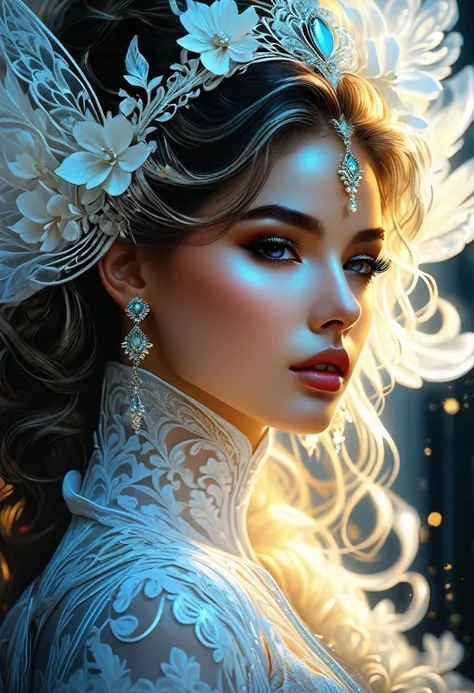 Midjourney, MJ, Midjourney style, realism, cinematic quality, play of light, gradient, glow, porcelain skin, stunning art, abstract, floral, lace, predominantly white, dynamic pose, centered, key visual, intricate, highly detailed, breathtaking beauty, pre...