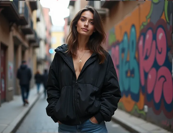 Best Quality, ultra high resolution, (realisitic:1.4), 1 girl, oversized loose black jacket, naked, (Correia:1.2), (big breasts:1.2), L looks at the audience, smile, Body of the foot, Street, urban, Cosmetic, wide angle，