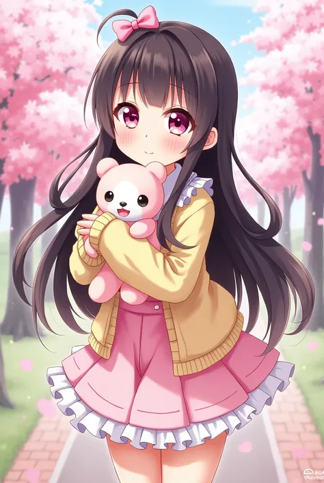 Anime girl with long hair covering her chest, black-brown hair, light pink eyes, cheerful but shy personality, cute and caring for others, making a shy face, wearing cute clothes.