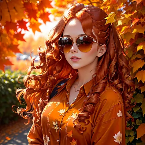 a woman with sunglasses and a floral shirt posing for a picture, orange and brown leaves for hair, 🍂 cute, wearing orange sunglasses, hair becoming autumn red leaves, beautiful autumn spirit, orange flowing hair, 🍁 cute, leaf hair, amazing shades, orange s...