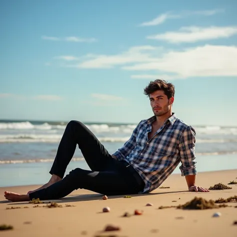 A white man, at 33 years old, model type, with short dark hair, with blue eyes, wearing a plaid shirt buttoned up, black pants with belt,  tennis, lying on the sand of the Alentejo beach