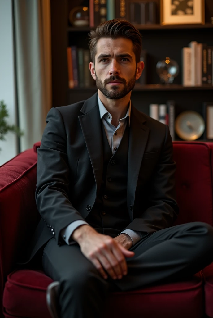 A man little beard wearing black dress and sitting on the sofa