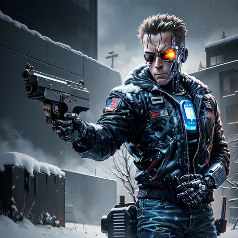 a closeup of a robot, holding a gun in a snowy area, terminator art, terminator t 8 0 0, terminator, terminator skeleton, t-800, t - 8 0 0, terminator without flesh, portrait of terminator, still from the movie terminator, the terminator, terminator tech, ...