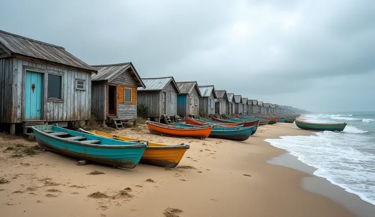 A small, humble fishing village nestled by the shore, with weathered wooden huts and boats lined up on the beach under a gray, cloudy sky."**