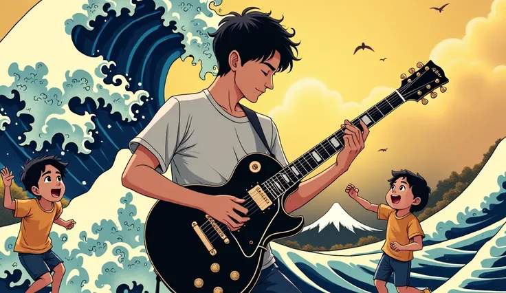 Rock Guitarist&#39;s Father、Two boys dancing、Ukiyo-e style、Black Les Paul、Anime Style、force、Father looking at the camera、My father has black hair、summer、Only two children、A close father and son、My father has short hair、Japanese、Father looking at the camera...