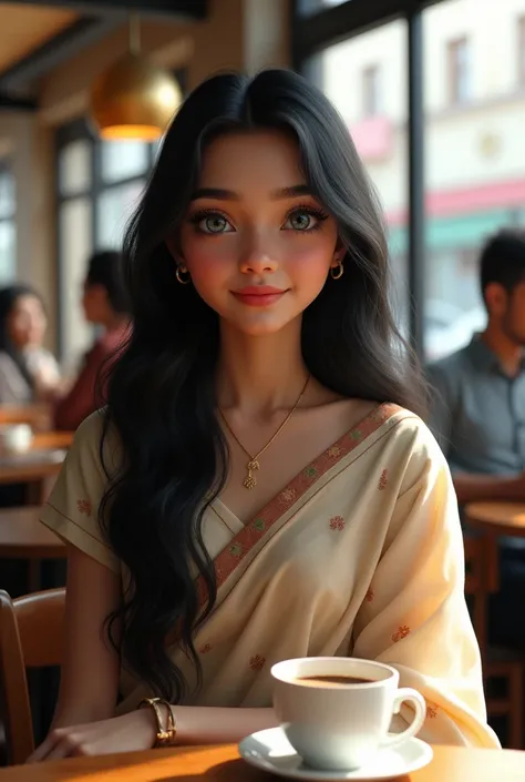 

"Create a hyper-realistic image of an pretty and attractive young Indian girl with white skin.  large almond-shaped blue eyes with thick eyelashes, Her lips are full and rosy, with a natural smile. Her hair is long, thick, and black, cascading down her s...