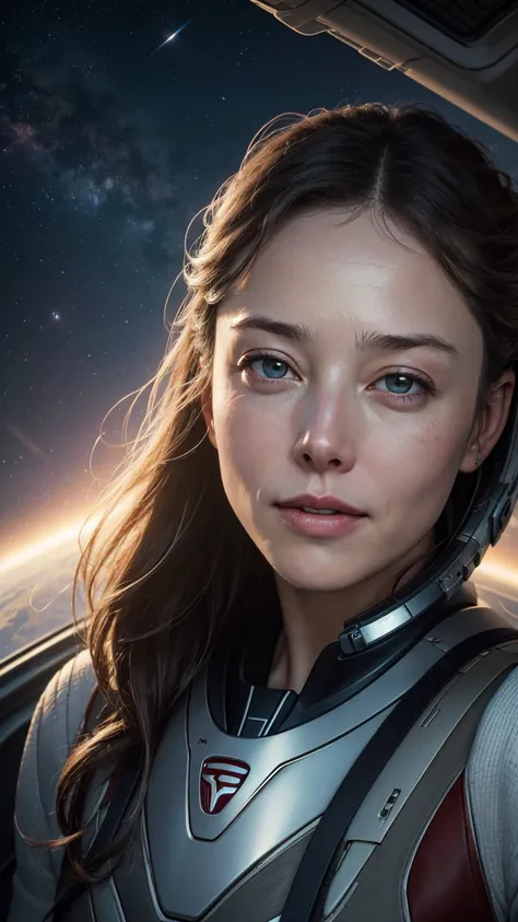 (RAW style, masterpiece, best quality, ultra-detailed, realistic), beautiful elon musk as a women, in space, cheerfully and happy, clear sky, realistic style, (skin texture, film grain), cinematic light, sidelighting, ultra high res