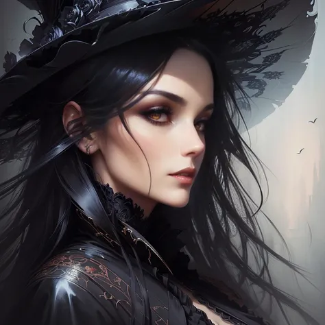 drawing of a woman in a hat mysterious woman, sultry digital painting, karol bak uhd, elegant victorian vampire, Gothic art, gothic girl , Fantasy Victorian art, Gothic art style, victorian vampire, gothic fantasy art, gorgeous digital art, gloomy, but det...