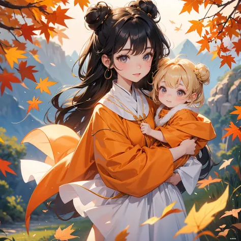 A chibi child girl had a small face and wearing a gold little tourist priest’s outfit, a pair of big round eyes shone with curiosity about him. This child was so cute, her hair is black with buns on her hair. Small chibi , chibi baby, smiling , chibi. 

Th...