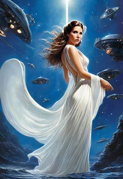 Princess Leia (age 25, airy sheer white elegant gown), camera low looking up at her butt and a starry sky, a few tiny space ships fly across the sky, lush ocean world
