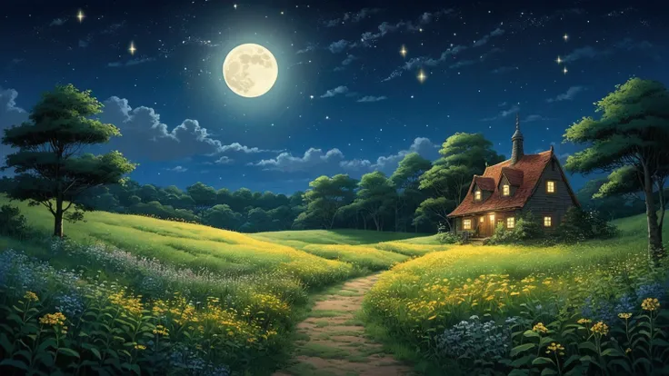 in the farm meadow , ((firefly, wild flower)), night time, starry night, small beautiful full moon、Ghibli style、My Neighbor Totoro Scenery