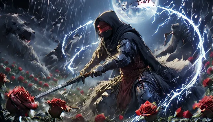  Menacing picture. In it a man with a black hood and a katana is riding a polar bear while the moon shines, Roses cover the ground and lightning falls from the sky. The man wears a red blindfold. The background of the picture in red.
The background is dark...