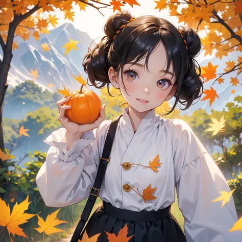 A chibi child girl had a small face and wearing a white little tourist priest’s outfit, a pair of big round eyes shone with curiosity about him. This child was so cute, her hair is black with buns on her hair. Small chibi , chibi baby, smiling , chibi. 

T...