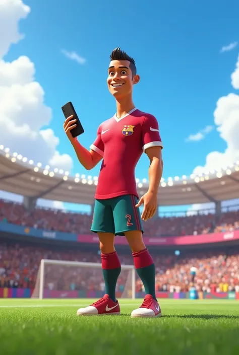 Cristiano Ronaldo 3D style 4K Disney Pixar animation holding a cell phone 