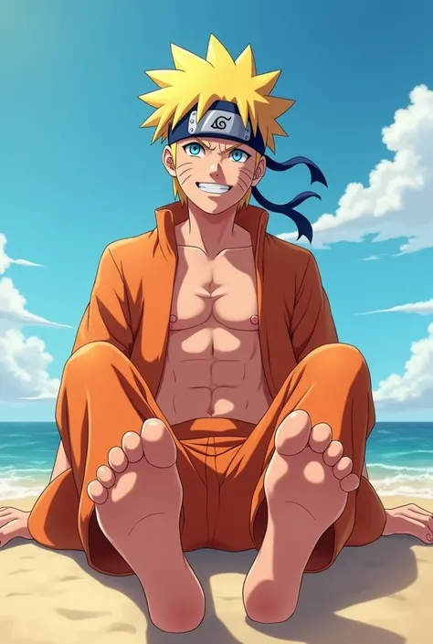 Realistic HD animated image of Naruto Uzumaki barefoot showing the bottom of his feet close to the camera Sitting on the beach smiling with his shirt off Realistic details and textures of the soles of his feet 5 toes on each foot Showing off six pack Showi...