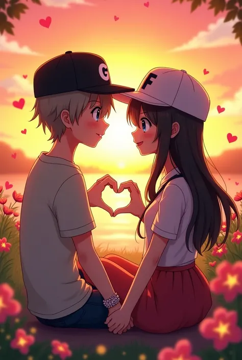 Photographs with the initials on his black cap G for man and F for woman, as a couple in love, with anime cartoons The couple is sitting and they are forming a heart with their hands