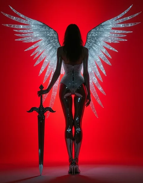 hyper realistic high definition photography image of a angel woman wearing a chrome suit, the suit looks futuristic lights up and studded with silver crystals ,shining silver wings, long silver glistening gothic looking sword stuck in the ground in strikin...