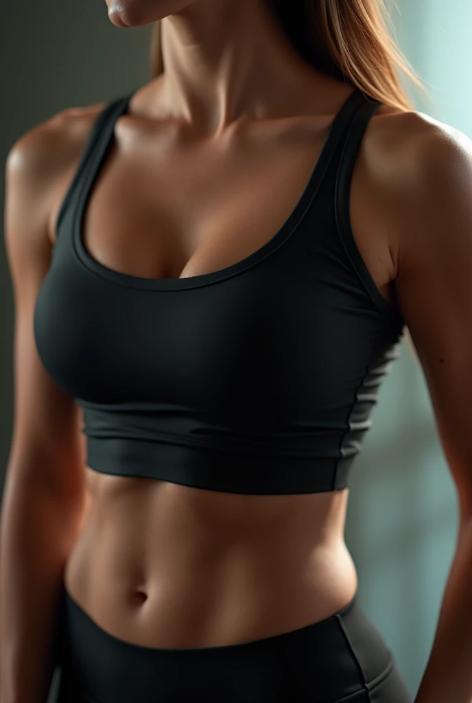 Close-up of a woman&#39;s chest in tight black sportswear。Her breasts are visible through her loose chest.。