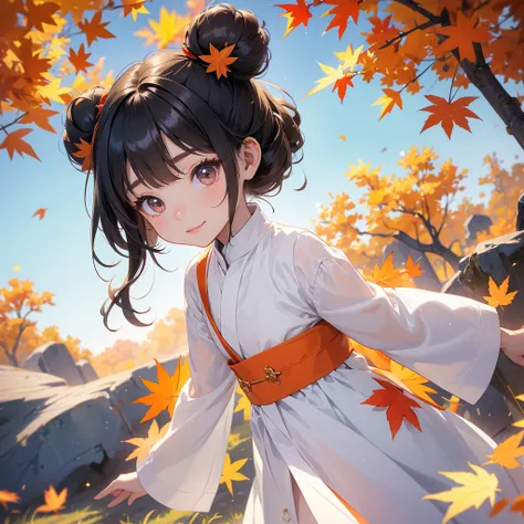 A chibi child girl had a small face and wearing a white little tourist priest’s outfit, a pair of big round eyes shone with curiosity about him. This child was so cute, her hair is black with buns on her hair. Small chibi , chibi baby, smiling , chibi. 

T...