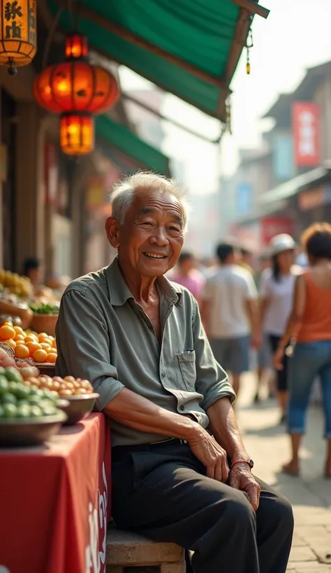 A man was sitting selling lottery tickets when someone came to buy a lottery ticket. The setting was a market with many people passing by., has a grocery store. Character appearance: Mr. Tu is 60 years old. , skinny, silver hair, gentle smile . Wear old gr...