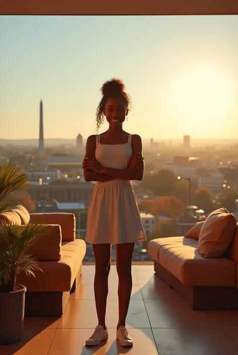 black girl and her white best friends, arms crossed, she is the leader, setting is a large luxury patio, tan furniture, natural lighting, view of Washington DC, futuristic, holograms, detailed, hd