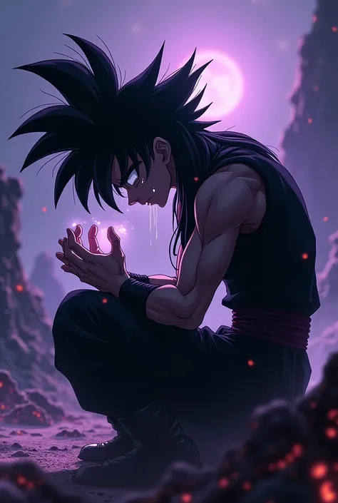 Create a crying Goku Black sitting down 