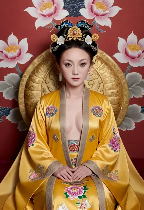 From the pre-Qing period, The Empress sits naked on a large golden sofa in the palace,  Her legs were spread, At the Chinese court during the Qing Dynasty, Empress of the Qing Dynasty, Wearing the great crown of the Chinese Empress, Belly and thighs visibl...