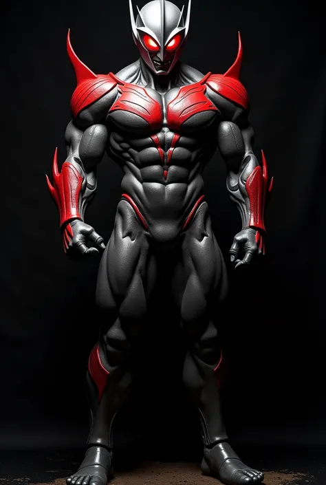 Evil Ultraman、Excessive muscle mass in the whole body、Matte texture、RAW Photos、Red pattern on a black background、Red eyes、armor