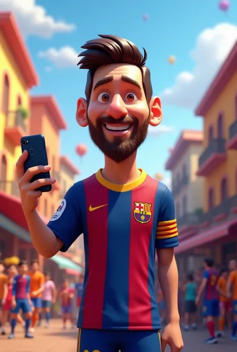 Messi 3D 4K Disney Pixar style with Barcelona shirt holding a cell phone