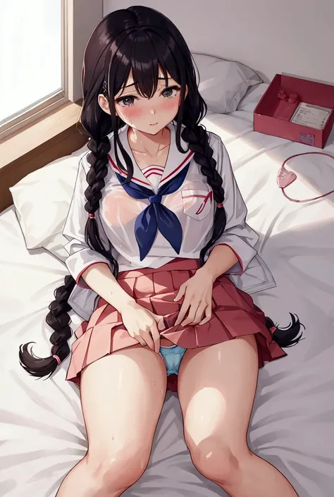 Japanese female junior high school student, 13 years old, long hair in braids, cute school uniform, unbuttoned sailor suit, skirt rolled up wide, sleeping on a bed in the nurse&#39;s office, menstrual pain, fever, sweaty forehead, flushed cheeks, sweat run...