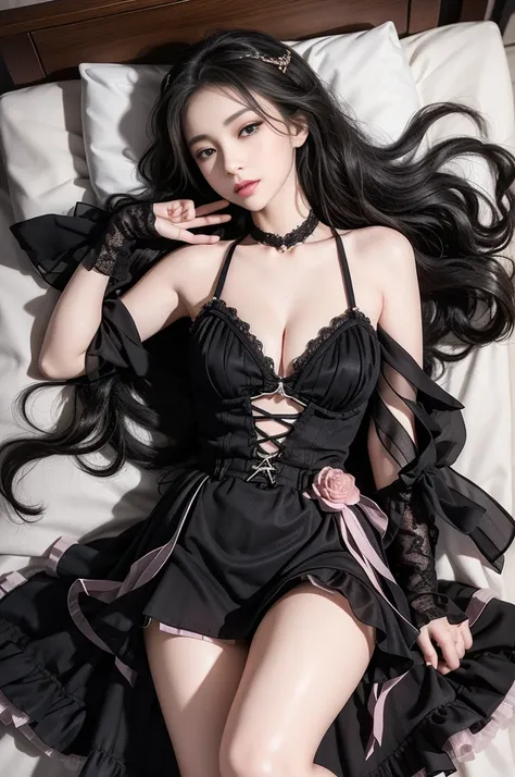 black_little_dress（(Girl lying in bed))、A beautiful and moving woman, in an elegant pose, her full breasts on display.，Visible cleavage，Sexy long legs，Variety of slim and cute beauties, Her long hair cascades down her shoulders like a waterfall。She smiles ...