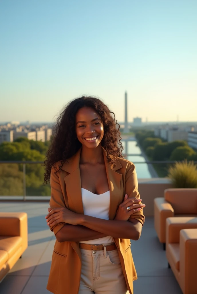 black girl and her white best friends, arms crossed, she is the leader, setting is a large luxury patio, tan furniture, natural lighting, view of Washington DC, futuristic, detailed, hd