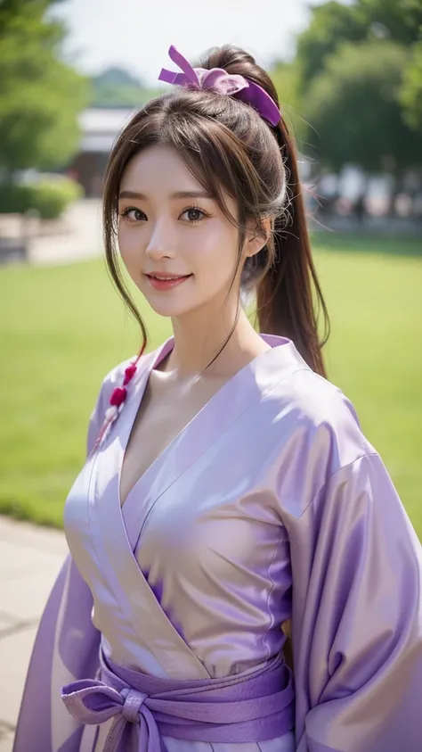 Long Hair, , ponytail, Large Breasts, smile, Festival Background, ribbon hair accessories, far and near method, 8k octane, Brown Hair, Gaze, Japanese women and pure、Purple Yukata、Looking straight ahead with an upturned gaze and a needy expression、Her chest...