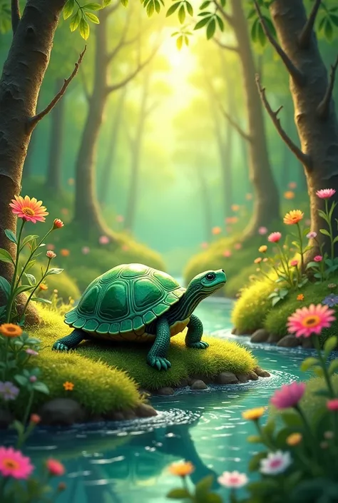 A little turtle with her turtle mother who lives in a beautiful forest with a stream house for a children&#39;s book