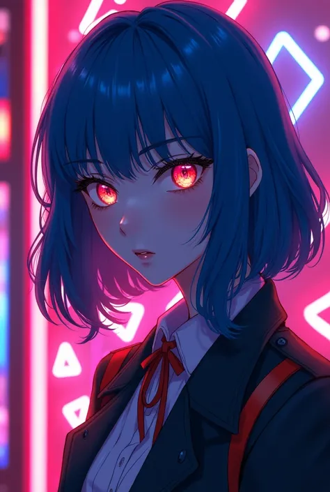 (masterpiece,detailed,High resolution:1.4) , Model shoot, close, detailed face, fine detailed eyes,, (kirishima touka),Blue middle hair,ghoul eyes,Retro Jacket,Tokyo Ghoul,Retrofuturism background, Vibrant colors, High resolution,, ,