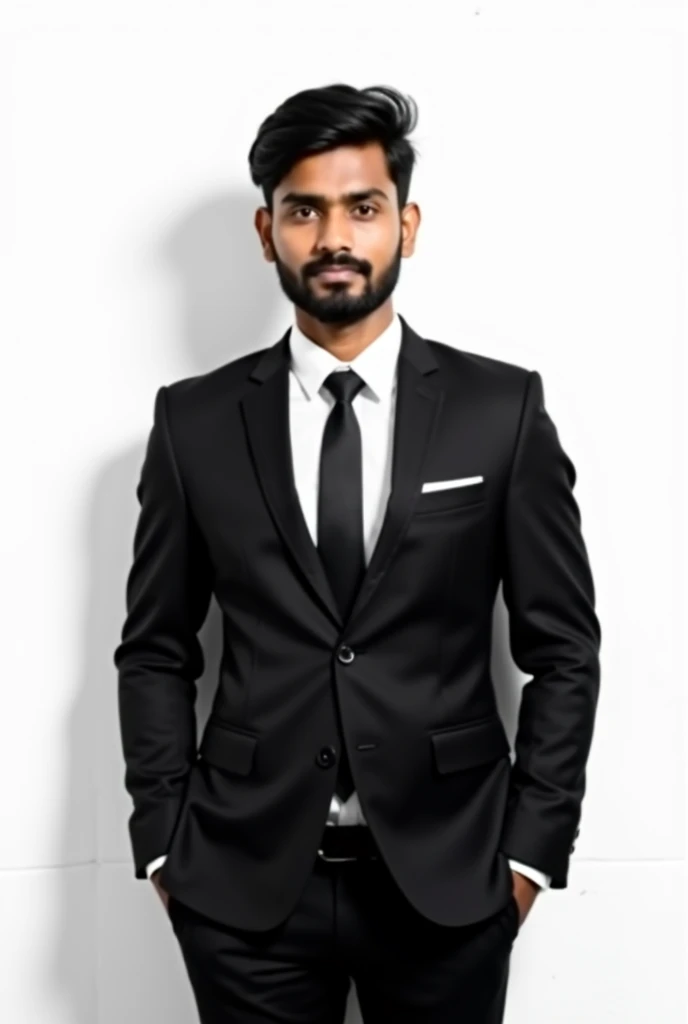 A26 year Bangladeshi young boy see the front,small black beard andedium black hair,background white, black suit and white shirt and black tie , passport size