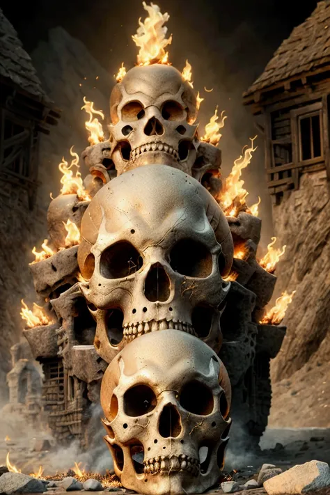 A mountain of skulls standing against the background of a burning Slavic village