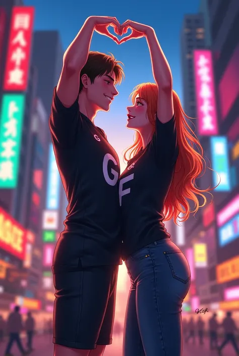 High quality photographs, with the initials on his black football shirt G for men and F for women, as a couple in love, with anime cartoons The couple is walking back to back in the city and they are forming a heart with their hands