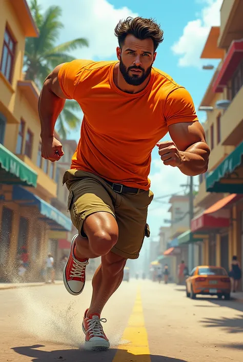 Muscular man wearing a shirt with long shorts Long loose shorts With pockets on the sides with converse sneakers Orange T-shirt and brown shorts Long short, long short, long Running at super speed 