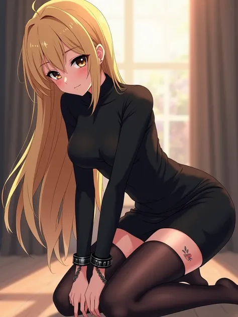 anime, black pencil skirt, black long sleeve top, put your hands behind your back, restrictions, blonde hair, very long hair, straight hair, cute, slim body, thin legs, black thigh-high stockings, nylon stockings, hands in black leather handcuffs, Hands co...